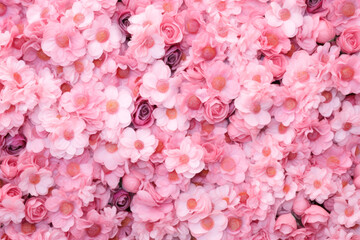An arrangement of many pink flowers are close together.