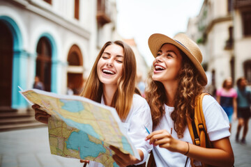 Two young tourist laughing and looking at map at travel tour. - obrazy, fototapety, plakaty