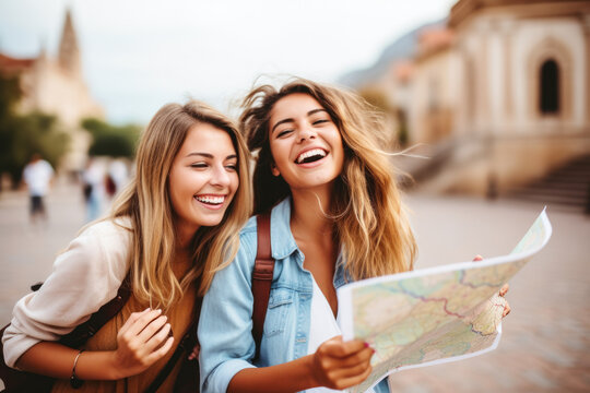 Two young tourist laughing and looking at map at travel tour.