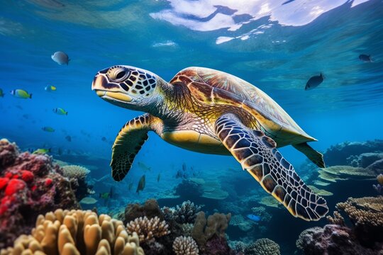 A sea turtle embarking on its journey through the sunlit abyss of the deep blue ocean, surrounded by schools of fish and coral structures