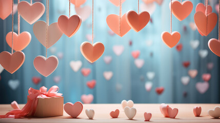 Romantic image featuring many hanging paper hearts in pastel shades. With a gift box on the ground, perfect for conveying sentiments on Valentine's Day or anniversaries.