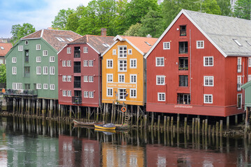 Famous colorful houses in Trondheim old town on the Nideva river, Norway - 678781357