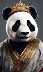 Portrait of a giant panda in a kimono.

