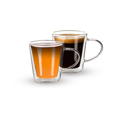 Two glass cups of tea and coffee isolated on white backgound
