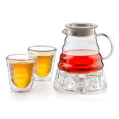 Fruit tea in a glass kettle ( teapot) on white