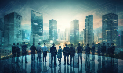 Fototapeta na wymiar Double exposure image of many business people together in group on background of city view with office building