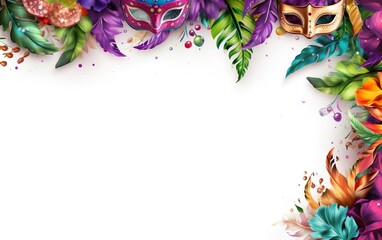 Happy Mardi Gras poster. A banner template with Venetian masquerade masks and colourful feathers isolated on white background, copy space at the left. Costume party flyer for carnivals. AI Generative