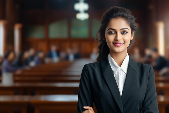 Portrait of a young indian female lawyer smiling and happy at her workplace in the office. Indian lawyer, technologist and professional face, female lawyer and legal consultant in a law firm.