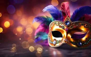 Fotobehang Mardi Gras poster. Banner template with a photorealistic Venetian carnival mask and feathers, on blurred background. Bright costume party flyer for masquerades. Bokeh, de focus. AI Generative © your_inspiration