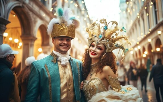 Mardi Gras poster. Happy couple in carnival costumes posing for photo on European street with blurred people on the background. Venetian masquerade party outfit with feathers. Face art. AI Generative