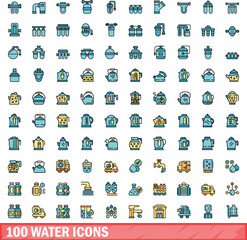 100 water icons set. Color line set of water vector icons thin line color flat on white