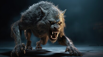 A 3D illustration featuring a werewolf, capturing the essence of a shape-shifter with detailed textures and lifelike characteristics. - obrazy, fototapety, plakaty
