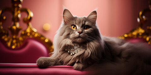 Adorable kitten with whiskers sitting on the  pink royal sofa.  Generative AI
