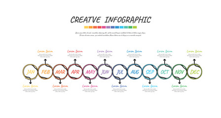 Timeline hand drawn  for 1 year, 12 months, infographics all month planner design and Presentation business. Doodle infographic vector.