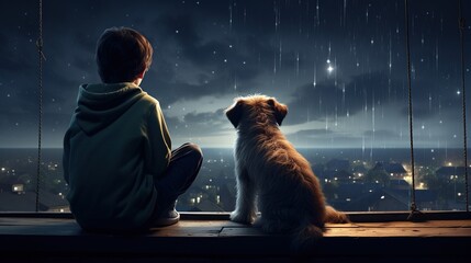 A boy and his dog gaze at the meteor shower outside the window, captivated by the celestial display.