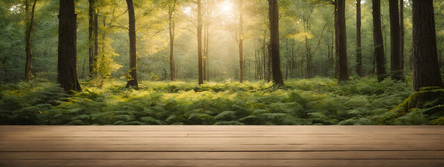 An empty wooden floor set in a sunlit glade within a dense forest, surrounded by vibrant foliage and a serene forest backdrop, perfect for showcasing products in a natural environment.