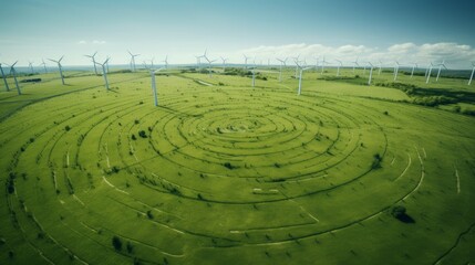 Fototapeta na wymiar top down picture, wind farm on a green field, concept: SUSTAINABILITY, copy space, 16:9