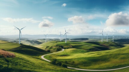 top down picture, wind farm on a green field, concept: SUSTAINABILITY, copy space, 16:9 - Powered by Adobe
