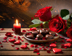 Romantic atmosphere with a wooden table featuring red roses, scattered petals, candles, and heart-shaped chocolates for Valentine's.