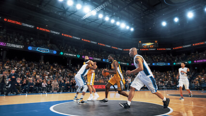 Cinematic Action TV Shot of a Strong Athlete Running to Score a Goal at a Basketball Match. Two...