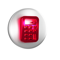 Obraz premium Red Calculator icon isolated on transparent background. Accounting symbol. Business calculations mathematics education and finance. Silver circle button.