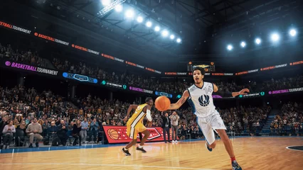 Fotobehang Athletic Multiethnic Player Running To Score Slam Dunk Goal in Front of a Crowded Arena. College Basketball Tournament Cinematic Shot with Two Young Teams Playing a Championship Match © Gorodenkoff