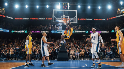 Cinematic Basketball Shot With a Talented Multiethnic Athlete Scoring a Beautiful Slam Dunk Goal. Player Celebrates by Hanging on the Hoop in Front of a Huge Crowd of Sports Fans Cheering. - obrazy, fototapety, plakaty