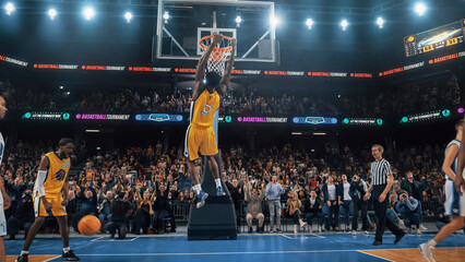 African American National Basketball Superstar Player Scoring a Powerful Slam Dunk Goal with Both Hands In Front Of Cheering Audience Of Fans. Cinematic Sports News Shot with Back View Action - obrazy, fototapety, plakaty