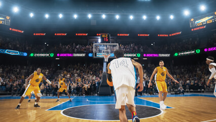 Multiethnic Basketball Player in a White Uniform Catching a Pass And Dribbling Past Defence to...