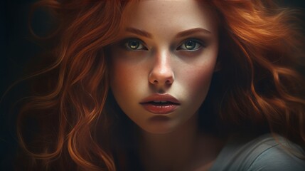 attrative woman, close up face, red hair, 16:9