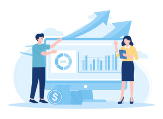 two people analyzing stock growth charts concept flat illustration