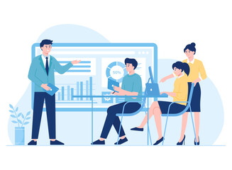 workers team discussion about stock charts concept flat illustration