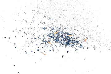 Blue pencil tip shavings from sharpener, explosion isolated on white background and texture,...