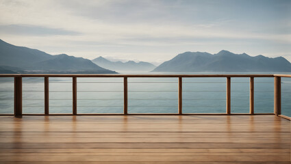 High-quality image featuring an empty wooden floor for showcasing products, with a breathtaking sea and mountain vista in the background.