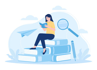 woman reading outdoors concept flat illustration