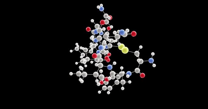 Oxytocin molecule, rotating 3D model of peptide hormone, looped video on a black background