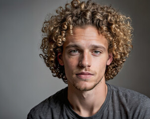 Portrait of a young man with curly hair isolated on a grey background. 
