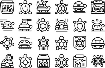 Turtle pet icons set outline vector. Reptile pet shell. Cute animal wild