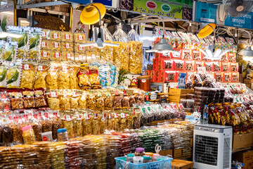 Bangkok, Thailand - September 12, 2023: Thai street food, fresh fruits, drink, ice cream and...