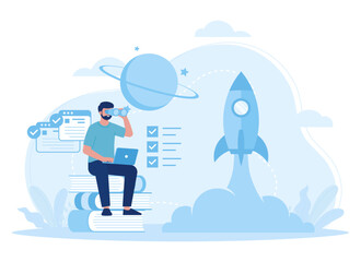an entrepreneur learns to launch a new business concept flat illustration