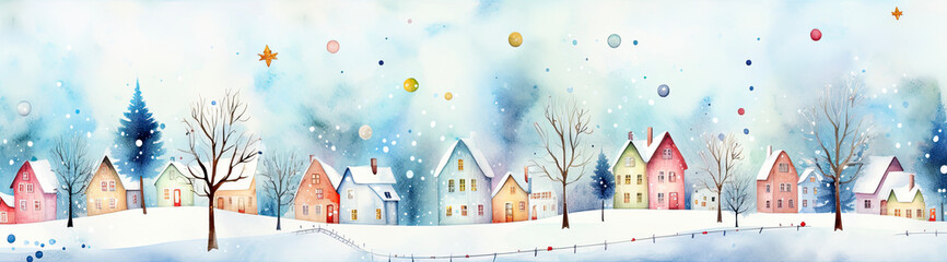 Obraz na płótnie Canvas Snowy Village in Watercolour Style, banner, 