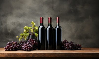 Classic red wine bottle, blank matte label, grapes on wooden table - obrazy, fototapety, plakaty