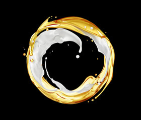 Olive oil with milk splashes arranged in a circle isolated on a black background