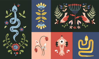 Folk art clip arts and pre-made compositions vector set in Nordic style, hygge illustrations kit. Collection of classic ethnic elements. The scandi folk motifs - birds, flowers, leaves, snake