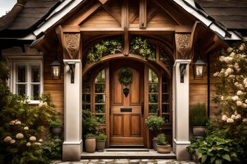 A close-up shot of a beautifully crafted wooden front door with intricate details, set within a gabled porch and landing.