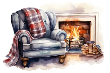 Interior design in Grandpa Chic style, maximalism in a cozy wooden country house, vintage retro eclectic style, Armchair near the fireplace with a checkered blanket, in a watercolor style