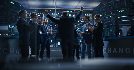 Team of Successful Stock Exchange Brokers Celebrating a Profitable Investment Bid on a Securities Market. Diverse Specialists and Asset Managers Clapping, Cheering, Shaking Hands with the Team Leader - obrazy, fototapety, plakaty