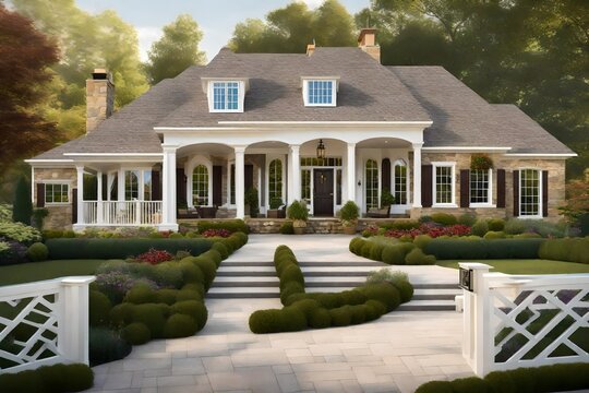 This realistic image focuses on a Georgian style home cottage's entrance, featuring a wooden front door with a gabled porch and landing.