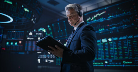 Low Angle Portrait of a Proactive Stock Exchange Manager Working in Modern Office. Adult Trader Communicating Orders with a Headset and Microphone, Talking on a Call with Auction Operators