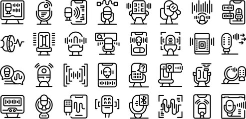 Voice search icons set outline vector. Digital marketing. Computer ai mic